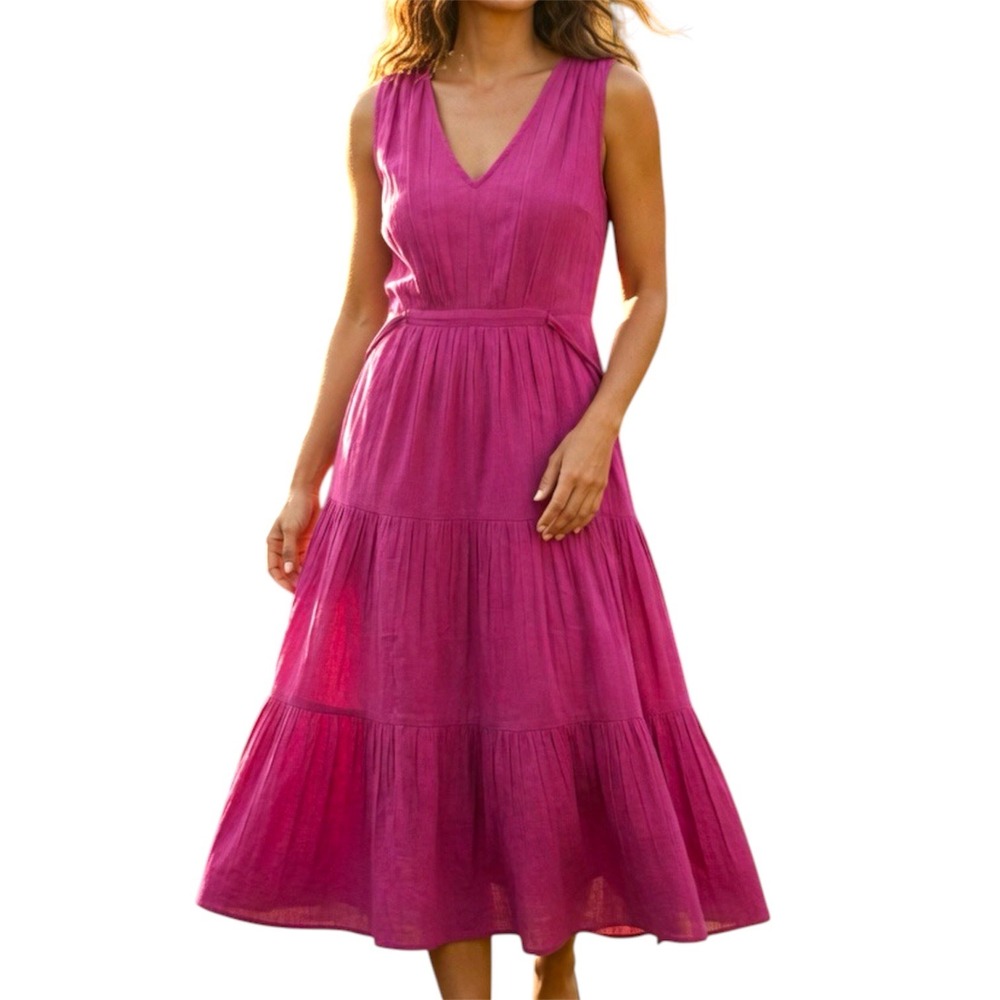 Sundance Magenta Pink Cotton Tiered Midi Dress V-Neck Pockets Sleeveless Size L